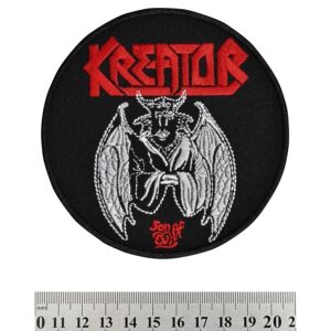 Кръгла бродирана нашивка на Kreator с червено лого и сребрист демон Son of Evil.