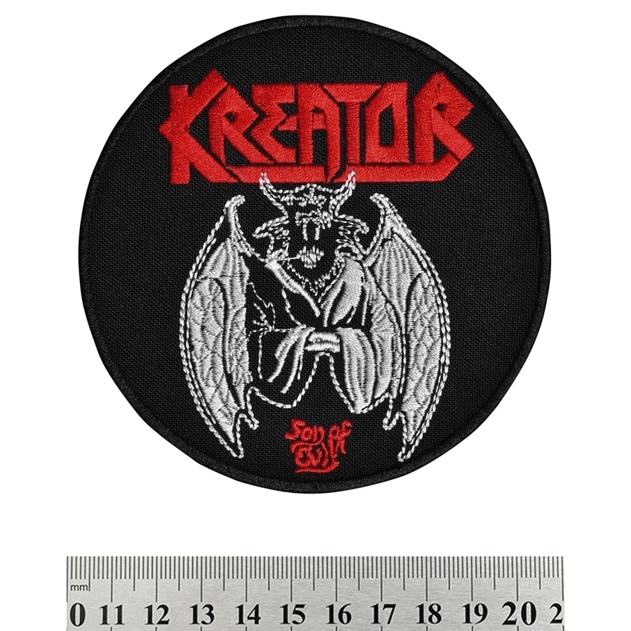 Кръгла бродирана нашивка на Kreator с червено лого и сребрист демон Son of Evil.