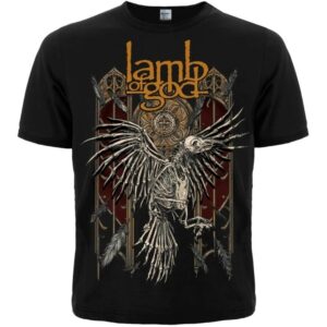 Черна метъл тениска Lamb of God със скелет на птица и оранжево лого