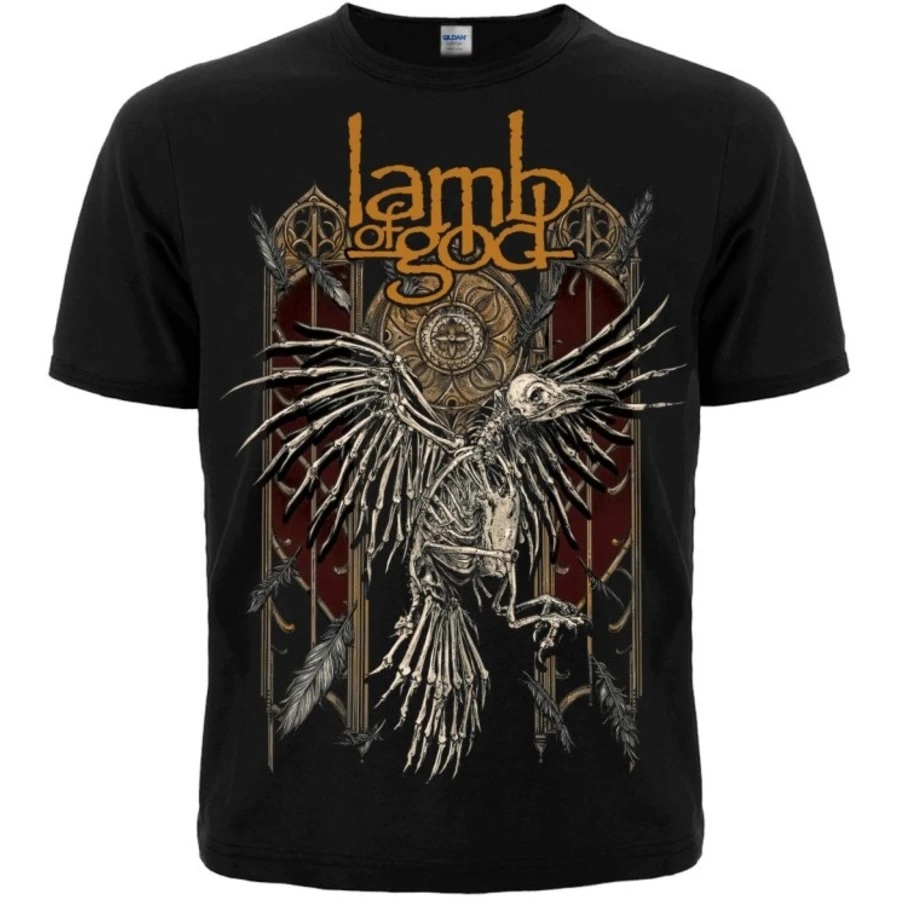 Черна метъл тениска Lamb of God със скелет на птица и оранжево лого