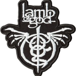 Детайлна бродирана нашивка Lamb of God с бяло лого на черен фон.