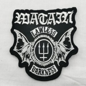Бяла бродирана нашивка Watain Lawless Darkness на черен фон