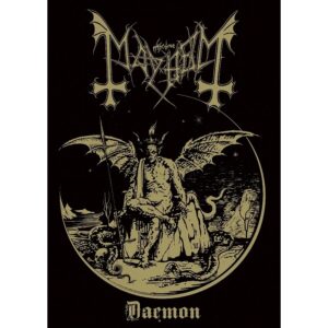 Плакат за стена Mayhem със златиста демонична фигура и лого на черен фон от албума Daemon