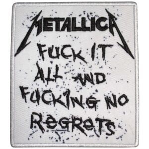 Квадратна нашивка Metallica Fuck It All с черна бродерия на бял фон.