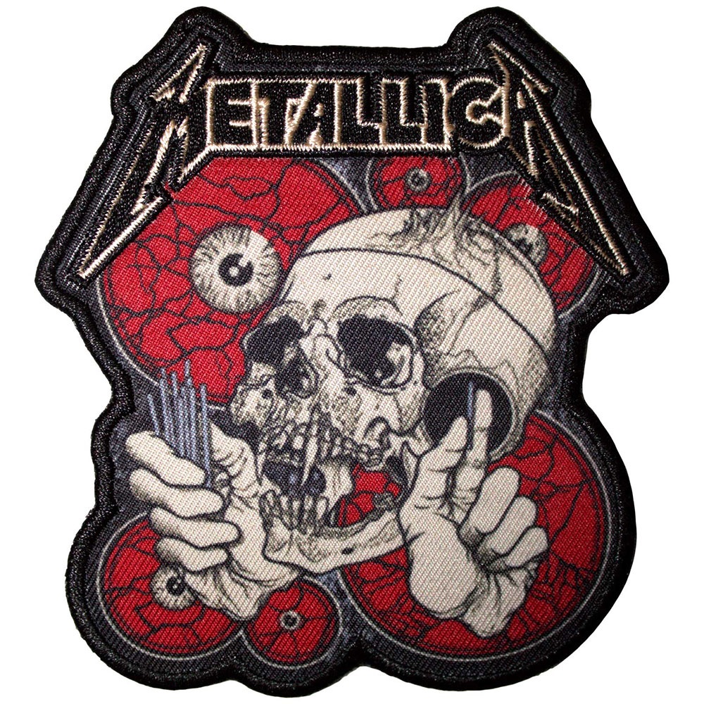 Нашивка Metallica The Shortest Straw с череп и червени очи върху черен фон.