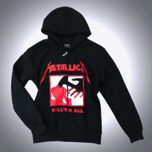 Черен суичър с цип и качулка на групата Metallica с дизайн от албума "Kill 'Em All".
