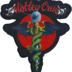 Текстилна нашивка Mötley Crüe Dr. Feelgood с кадуцей и змия на червен фон.