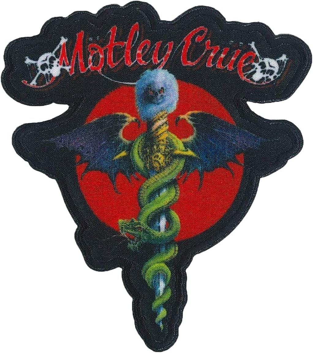 Текстилна нашивка Mötley Crüe Dr. Feelgood с кадуцей и змия на червен фон.