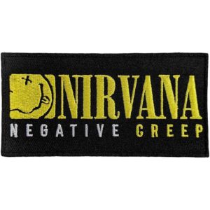 Продълговата нашивка Nirvana с жълто лого, смайли и надпис Negative Creep върху черен фон.