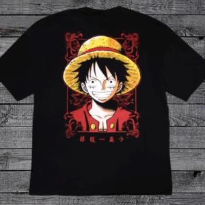 Черна мъжка тениска с червено лого на анимето One Piece и Luffy.