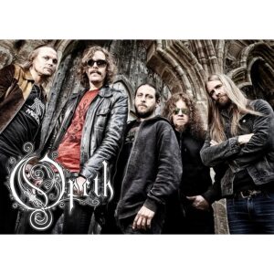Музикален плакат Opeth с групова снимка пред каменна арка и орнаментирано лого