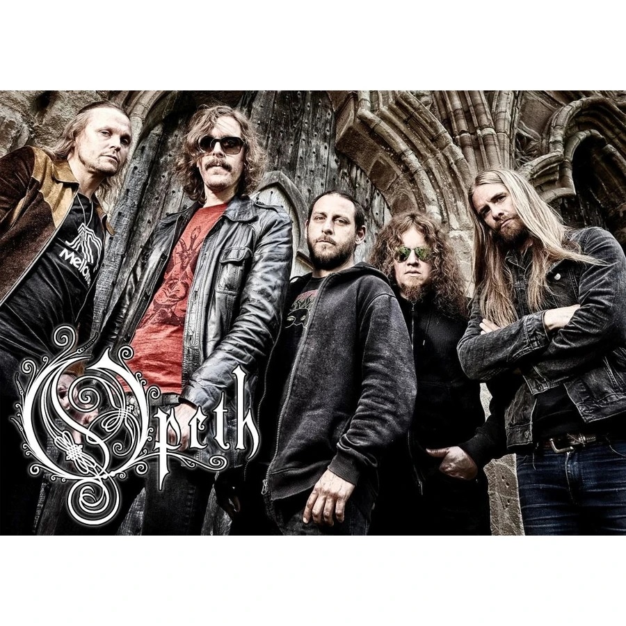 Музикален плакат Opeth с групова снимка пред каменна арка и орнаментирано лого