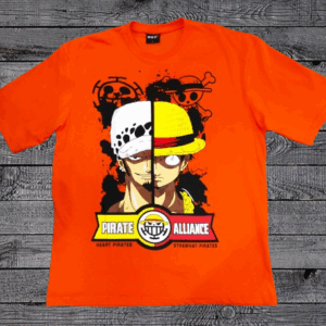 Оранжева овърсайз тениска One Piece с принт на Pirate Alliance Luffy и Law