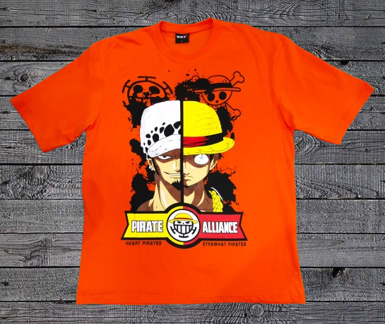 Оранжева овърсайз тениска One Piece с принт на Pirate Alliance Luffy и Law