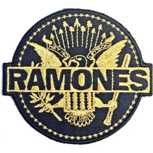 Ramones везана емблема, пач за дреха – президентски печат на групата, извезан със златни конци върху черен фон.