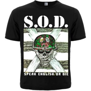 Черна метъл тениска S.O.D. - Speak English or Die със скелет с камуфлажна каска