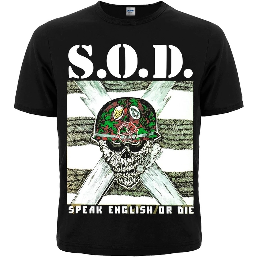Черна метъл тениска S.O.D. - Speak English or Die със скелет с камуфлажна каска
