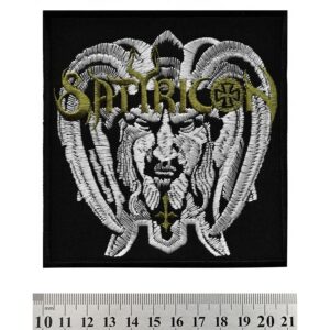 Голяма бродирана нашивка на Satyricon с детайлна сребриста глава на сатир и маслинено лого.