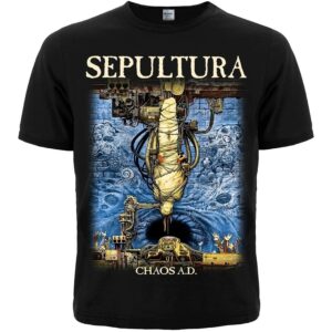 Черна метъл тениска Sepultura - Chaos A.D. с фигура в пашкул и синя стена
