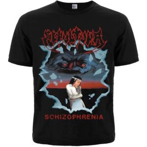 Черна метъл тениска Sepultura - Schizofrenia с червено лого и фигура в усмирителна риза
