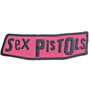 Бродирана нашивка Sex Pistols с розово лого и черен текст за пънк яке.