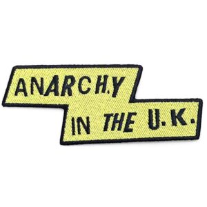 Неправилна жълта нашивка Sex Pistols с черен надпис Anarchy in the UK за пънк елек.