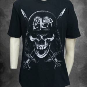 Черна метъл тениска Slayer с голяма бяла щампа на череп с каска и два меча