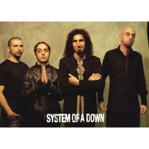 Плакат за стена System of a Down с фотография на четиримата членове и логото на бандата