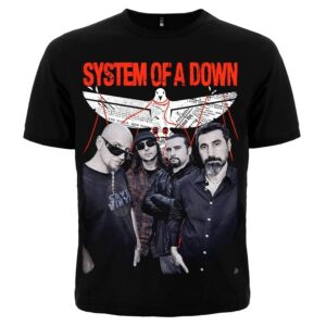 Черна Мъжка тениска System of a Down със здрава щампа на групата и гълъб