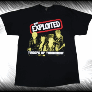 Черна пънк тениска The Exploited с принт на групата и заглавието Troops of Tomorrow