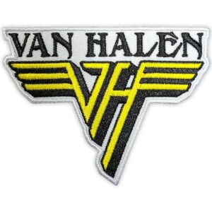 Бродирана нашивка с жълто и черно лого VH и крила на групата Van Halen върху бял фон
