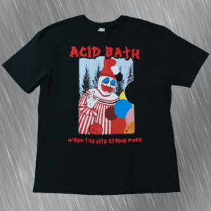 Черна тениска на Acid Bath с цветна щампа на клоуна от албума When the Kite String Pops