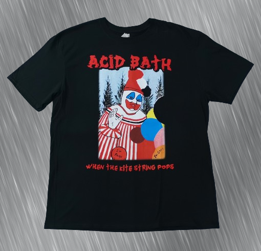 Черна тениска на Acid Bath с цветна щампа на клоуна от албума When the Kite String Pops