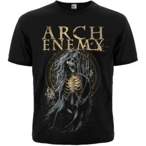 Черна метъл тениска на Arch Enemy със златиста щампа на скелет Queen of Hearts