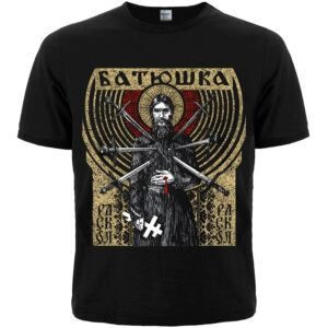 Черна метъл тениска на Батюшка с иконографски дизайн и мечове от Раскол