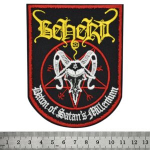 Бродирана нашивка Beherit с пентаграм, козел и жълто лого.