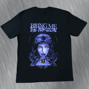 Черна метъл тениска Bring Me the Horizon с лилав принт на жена с лъвска глава и око