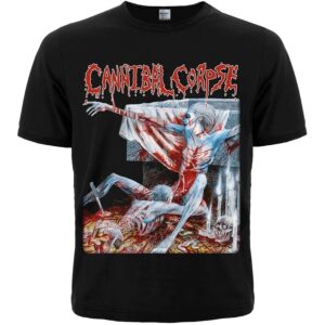 Черна метъл тениска на Cannibal Corpse с обложката на албума Tomb of the Mutilated