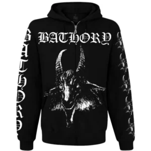 Черно горнище Bathory с цип и качулка, предна част с лого