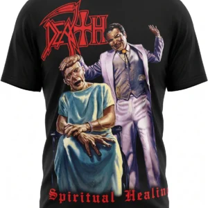 Предна част на черна тениска с графичен принт Death Spiritual Healing и илюстрация на лекар и пациент.