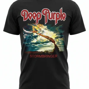 Черна тениска с логото на Deep Purple и обложката на албума Stormbringer с летящ кон.