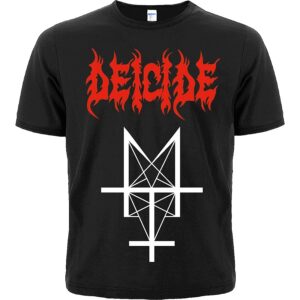 Черна метъл тениска на Deicide с червено лого и бял обърнат кръст
