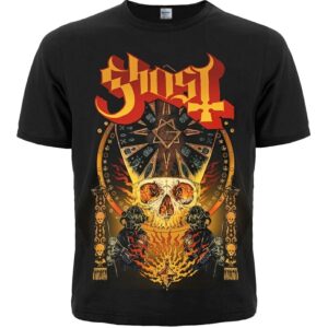 Метъл тениска Ghost с ритуален дизайн и огнен череп