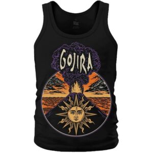 Мъжки черен потник от памук Gojira с щампа на изригващ вулкан и слънце