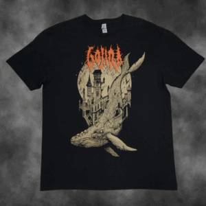 Черна метъл тениска Gojira с щампа на летящ кит и оранжево лого From Mars to Sirius