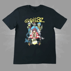 Черна тениска на Gorillaz с цветна щампа на четиримата анимационни членове на групата и жълто лого