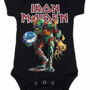 Черно бебешко памучно боди с къс ръкав и принт на Iron Maiden The Final Frontier.