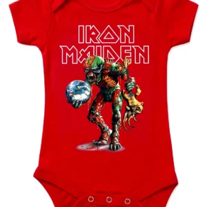 Червено бебешко памучно боди с къс ръкав и голям принт на Iron Maiden The Final Frontier.
