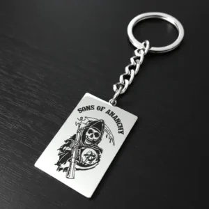 Стоманен ключодържател плочка с гравиран Жътвар и надпис Sons of Anarchy