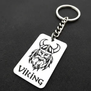 Стоманен ключодържател плочка с гравиран викинг и надпис Viking